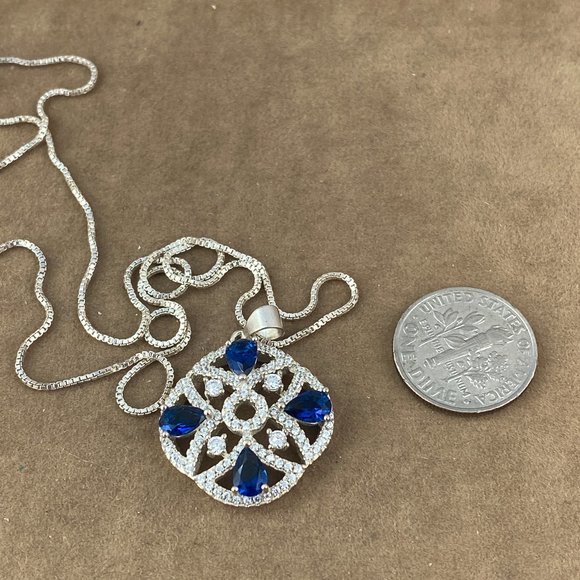 Art Deco retro Blue Sapphire & CZ's 925 Silvwer Pendant - Picture 4 of 4